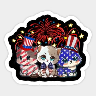 Funny Three Cat 4th Of July American Flag  Cat Sticker